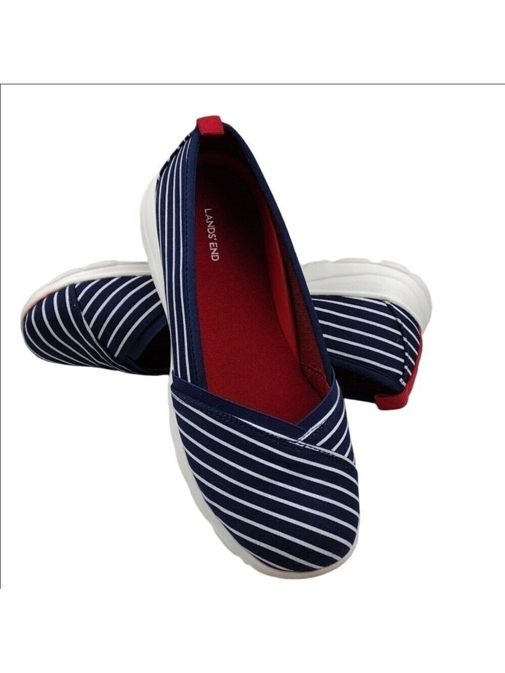 Lands' End Blue White Striped Fabric Round Toe Low Wedged Heel Slip On Shoe